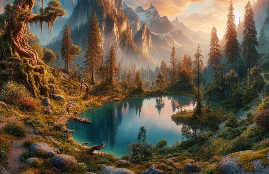 Fantastyczna dolina z jeziorem, wygenerowane przez AI