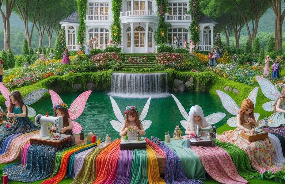 Wróżki szyjące ubrania przed domem