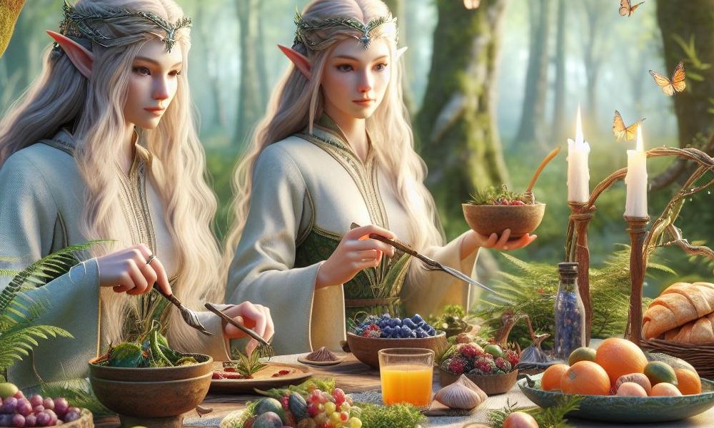 Dwie elfki przy bogato zastawionym stole