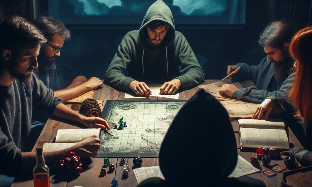 Gracze podczas sesji RPG słuchający Mistrza Gry