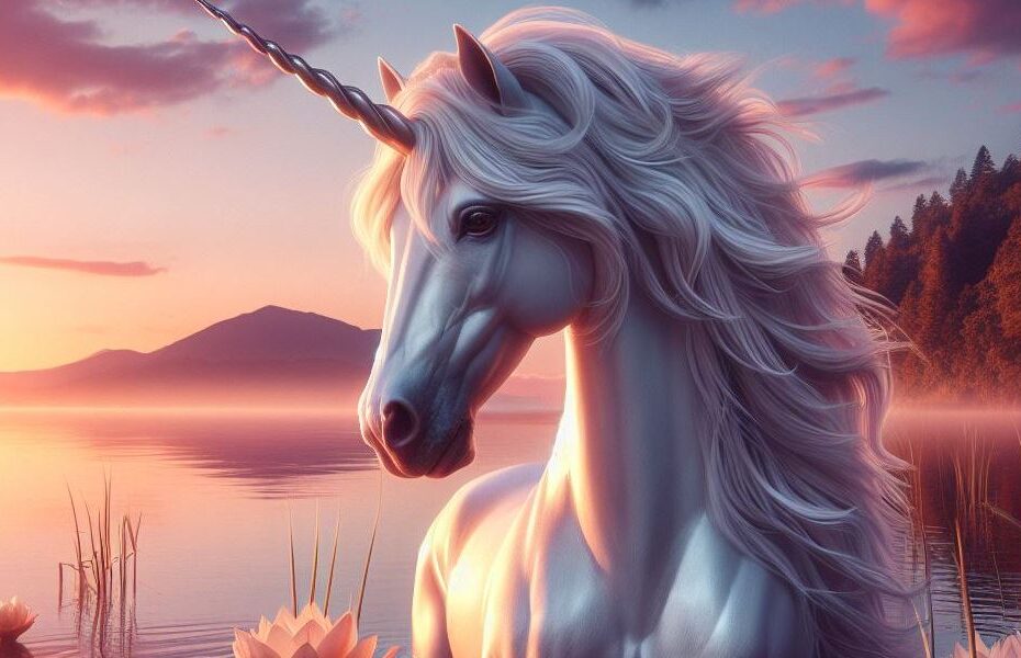 Jednorożec nad jeziorem o wschodzie słońca