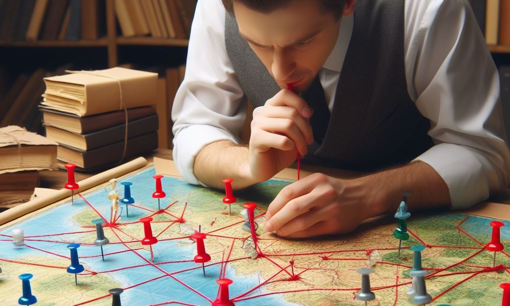 Mężczyna próbujący uporządkować wydarzenia na mapie