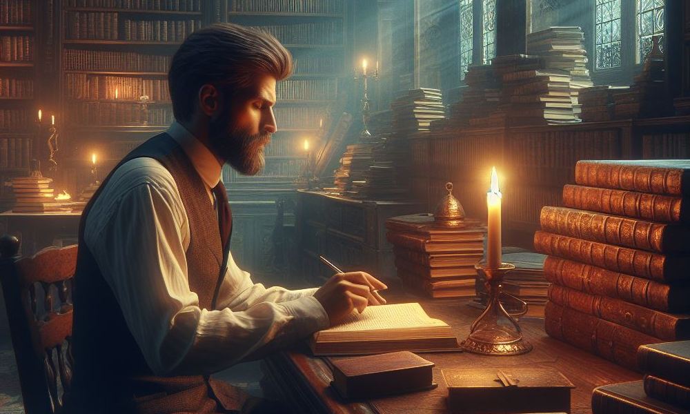 Mężczyzna robiący notatki w bibliotece przy blasku świecy