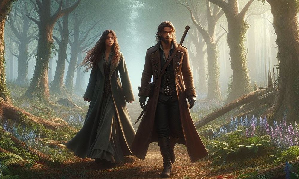 Kobieta i mężczyzna wędrujący przez magiczny las