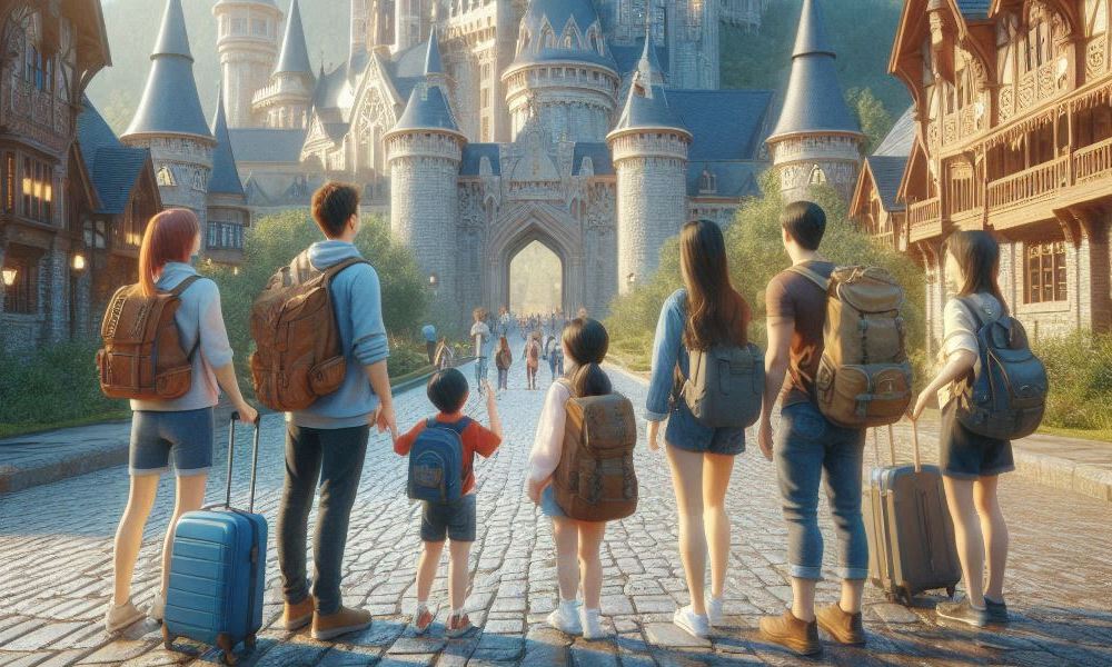 Turyści zwiedzający zamek fantasy