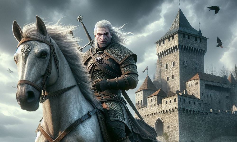 Wiedźmin Geralt na białym koniu na tle zamku