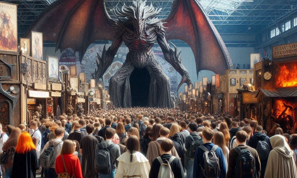 Grafika ludzi na hali targowej fantasy