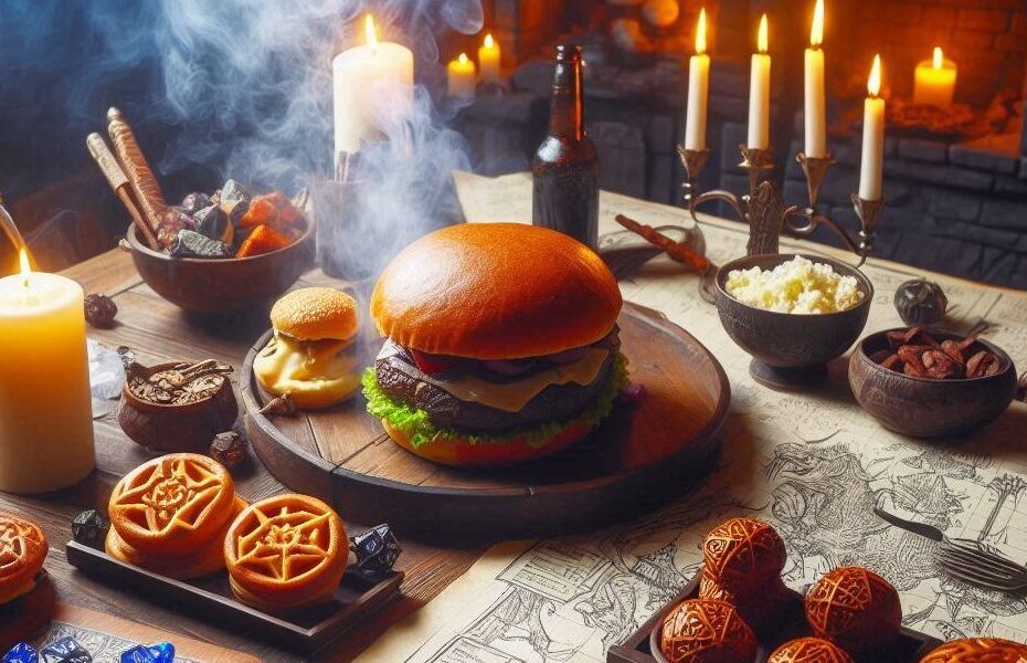 Przekąski na stole przygotowanym do sesji RPG