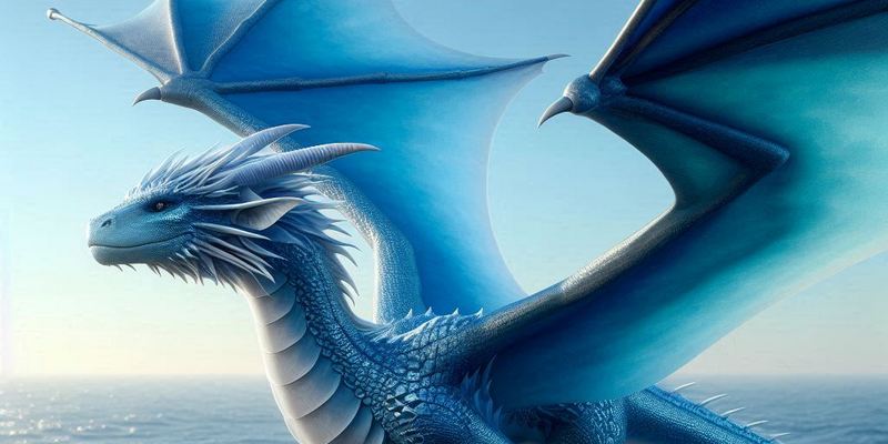 Błękitna smoczyca lecąca nad morzem