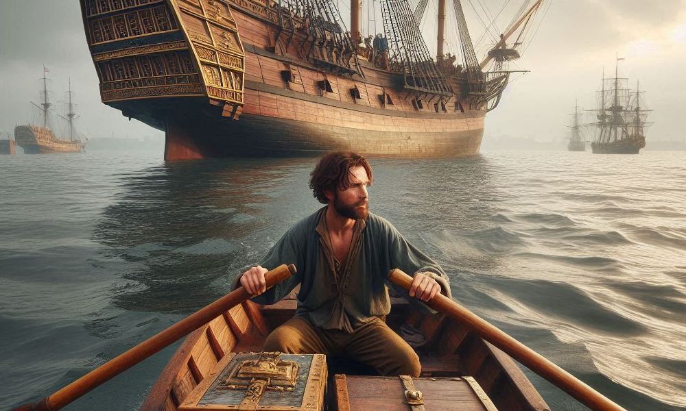 Bałtyckie opowieści - mężczyzna płynący łódką ukraść złoto