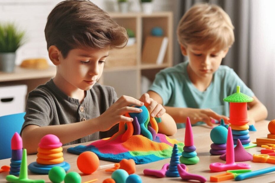 Dzieci bawiące się piaskiem kinetycznym, AI/Bing