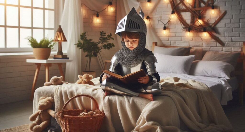 Dziecko przebrane za rycerza i czytające książkę