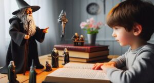 Fantastyka i nauka - jak to połączyć w edukacji domowej? Fantastyka w nauce - Gandalf pomagający w nauce, AI/Bing