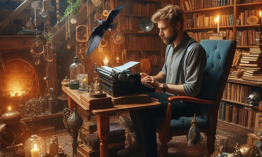 Fantastyka - pisarz pracujący nad powieścią fantasy