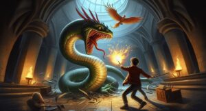 Harry Potter walczący z Bazyliszkiem w Komnacie Tajemnic