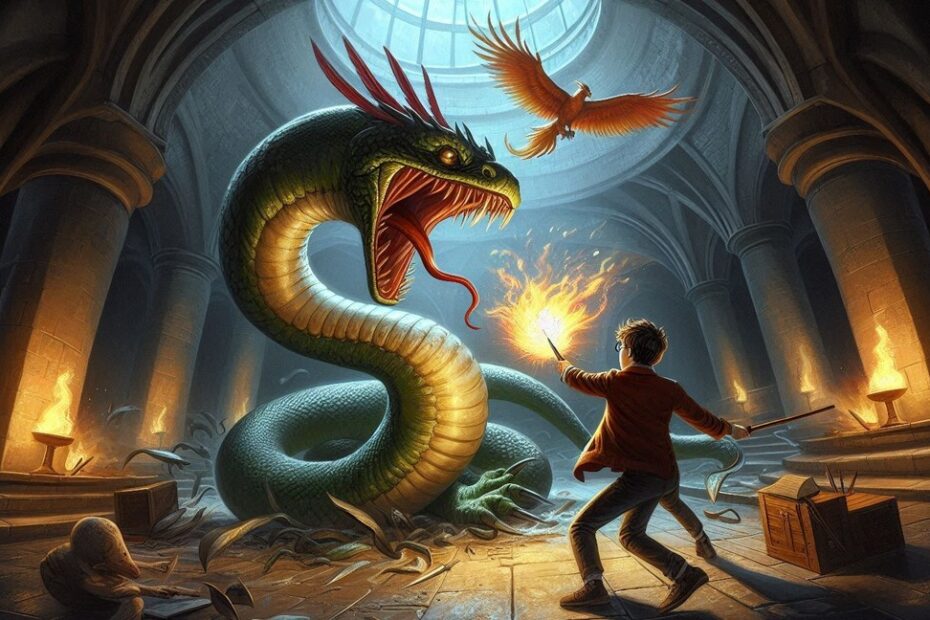 Harry Potter walczący z Bazyliszkiem w Komnacie Tajemnic