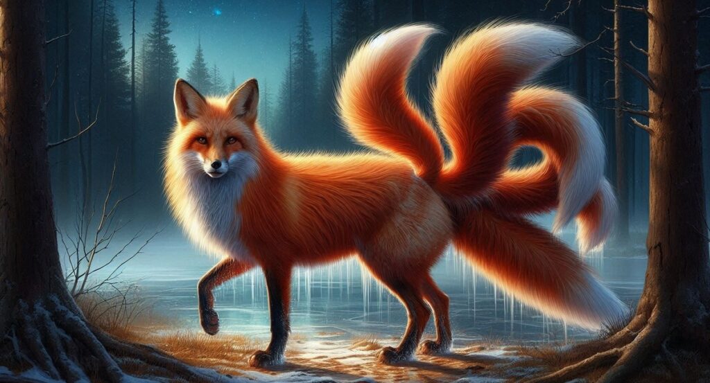 Kitsune nad brzegiem jeziora, japońska mitologia