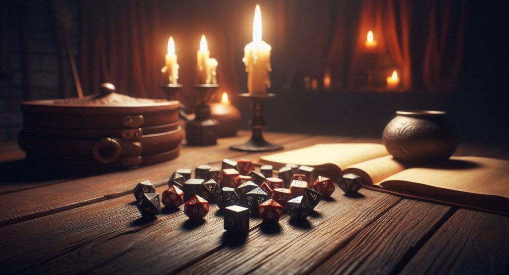 Kości RPG na drewnianym stole, AI/Bing