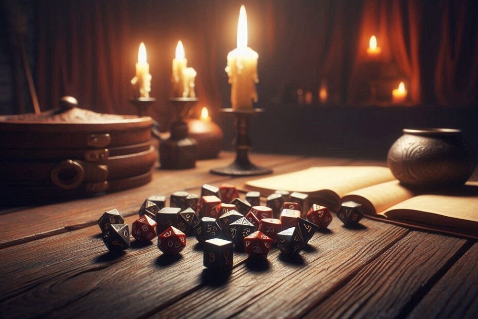 Kości RPG na drewnianym stole, AI/Bing