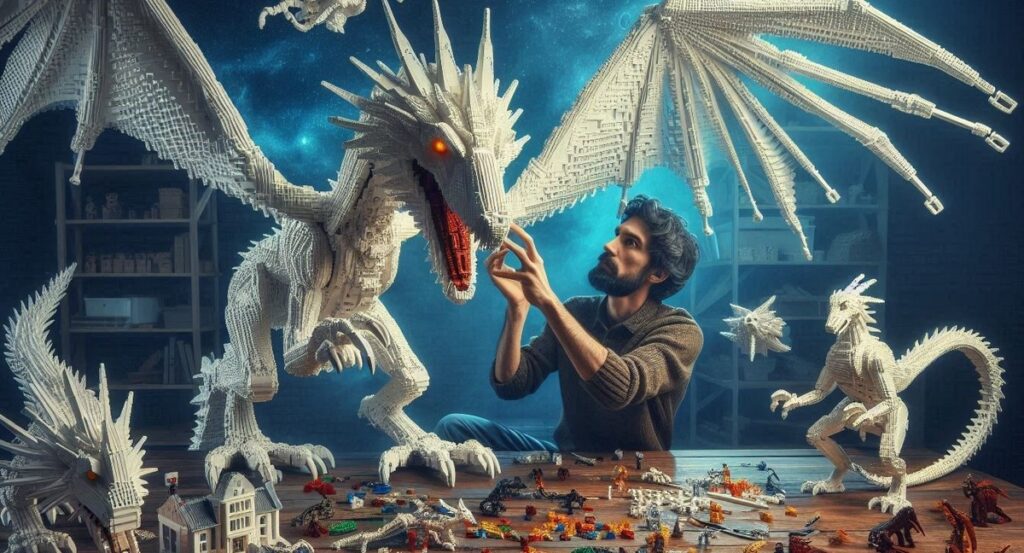 Mężczyzna budujący z klocków LEGO