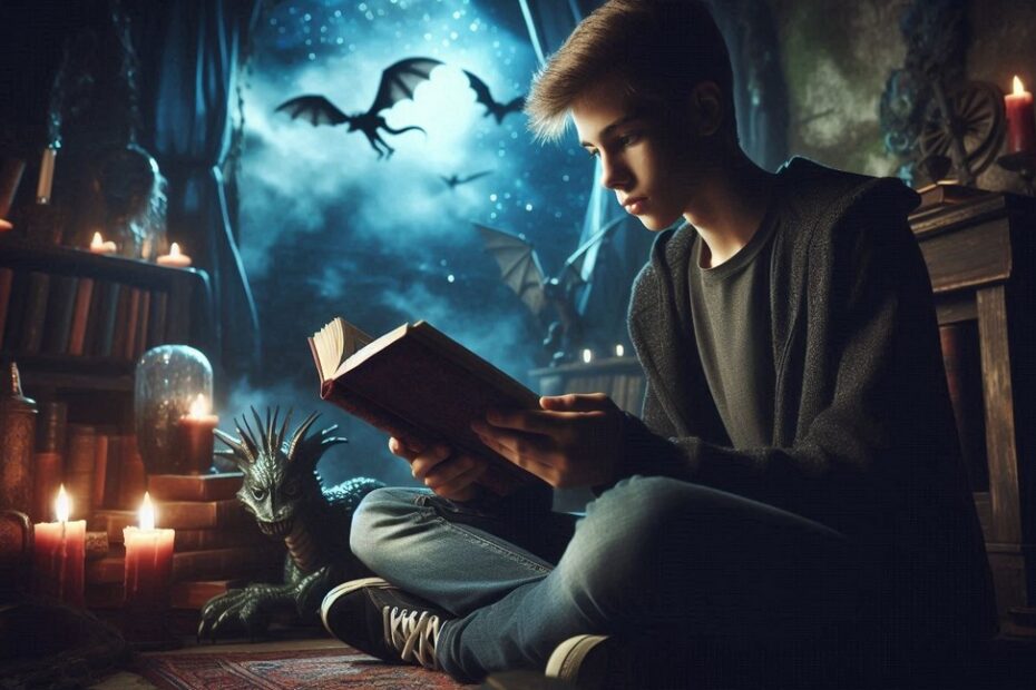 Nastolatek czytający książki fantasy