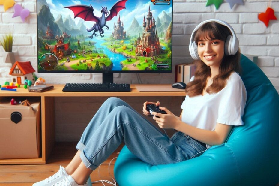 Relaksująca gra - dziewczyna odpoczywająca przy komputerze, AI/Bing