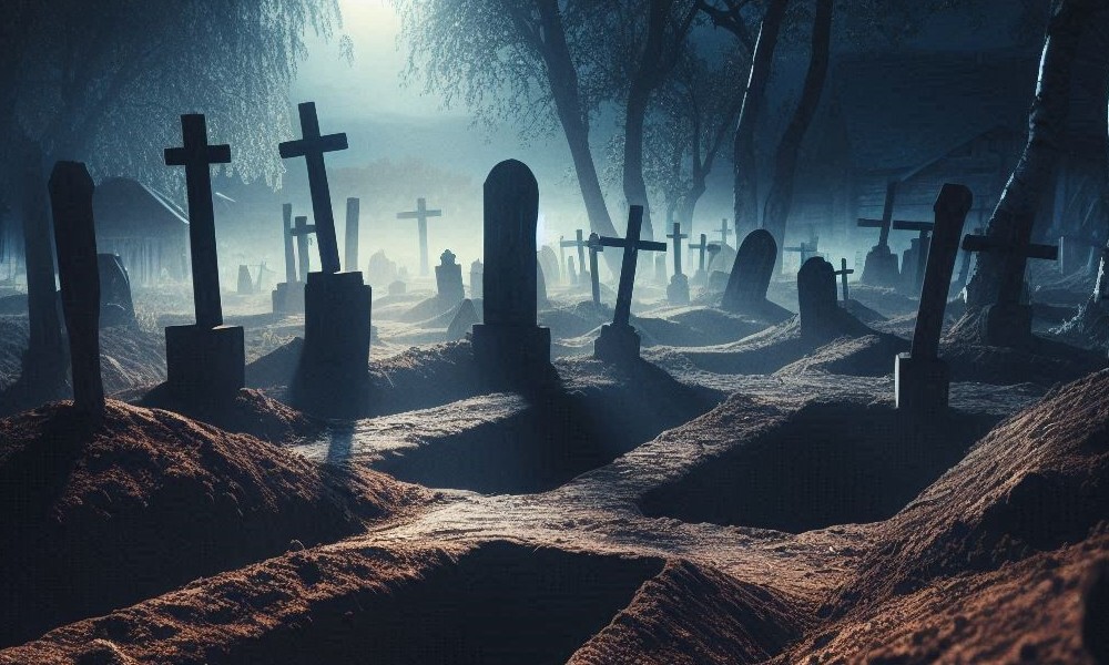 Cmentarz ze świeżo wykopanymi grobami