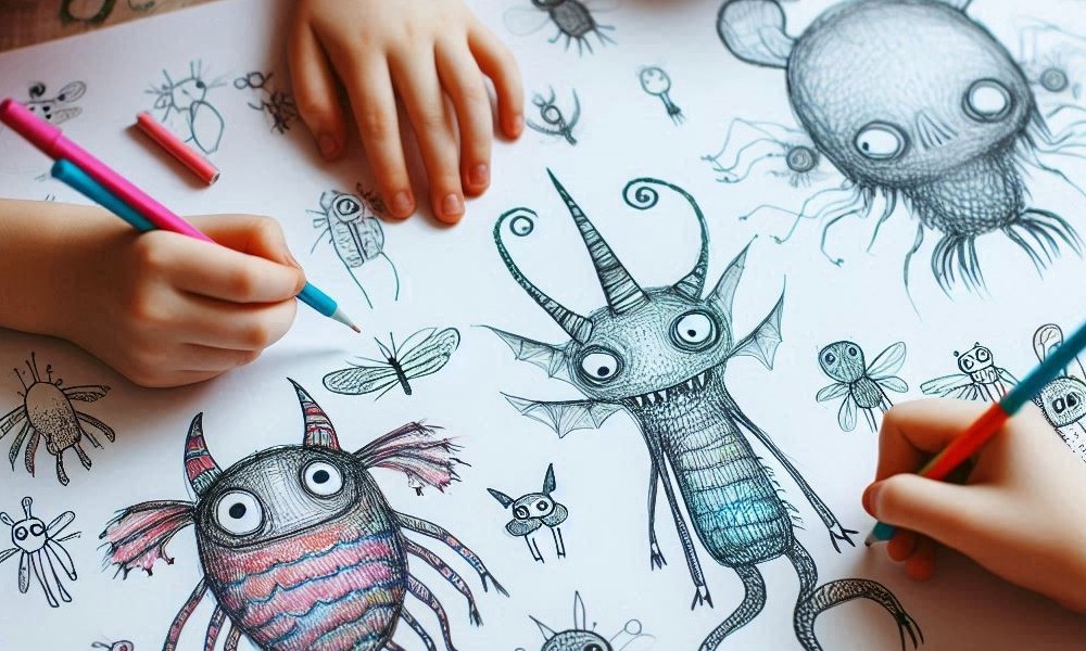 Zabawa fantasy - dzieci rysujące wymyślone stworzenia