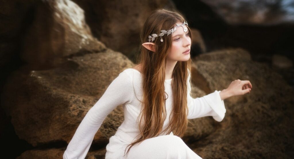 Fantasy elfka na skałach, cosplay