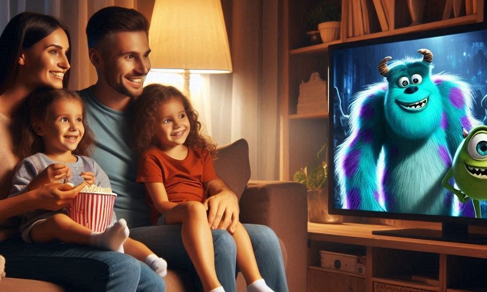 Rodzina oglądająca Potwory i Spółka na telewizorze