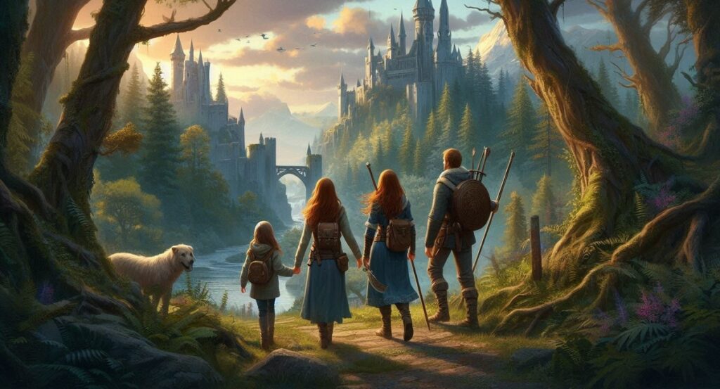 Rodzina podróżująca po krainie fantasy