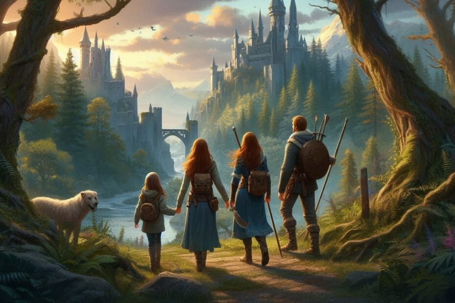 Rodzina podróżująca po krainie fantasy