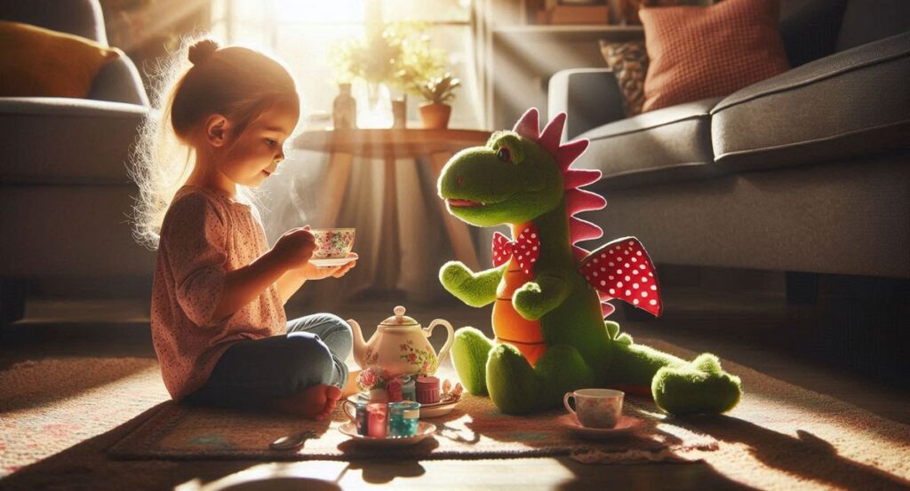Dziewczynka pijąca herbate z zabawką smokiem