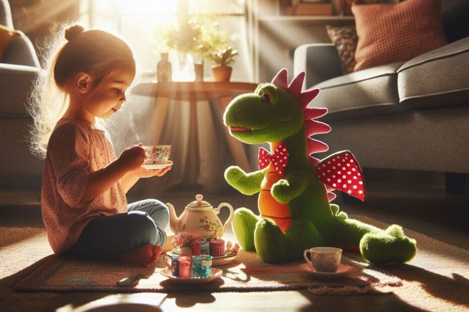 Dziewczynka pijąca herbate z zabawką smokiem