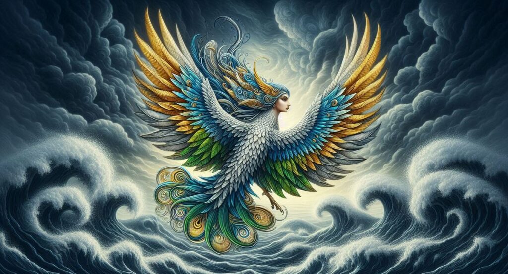 Alkonost nad wzburzonym morzem