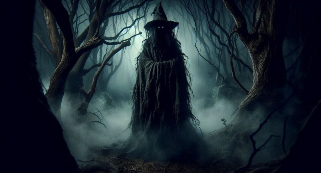 Sylwetka Baby Jagi w ciemnym lesie