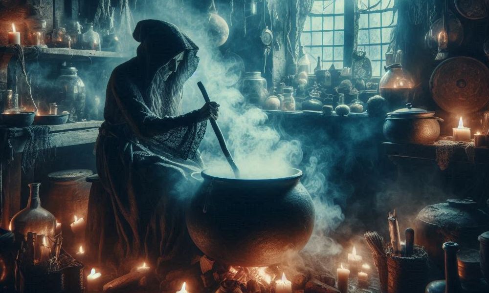 Baba Jaga ważąca eliksiry w swojej chacie