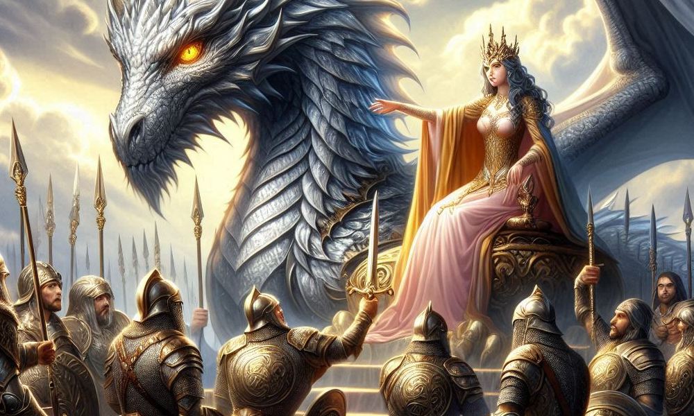 Wojownicy klękający przed Rhaenys i Meraxes