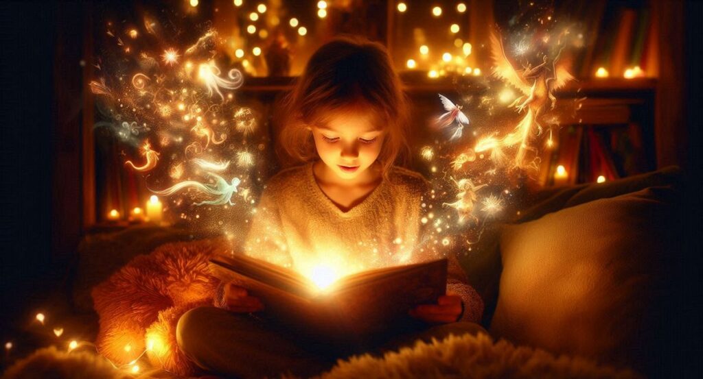 Dziewczynka czytająca książkę pełną magii