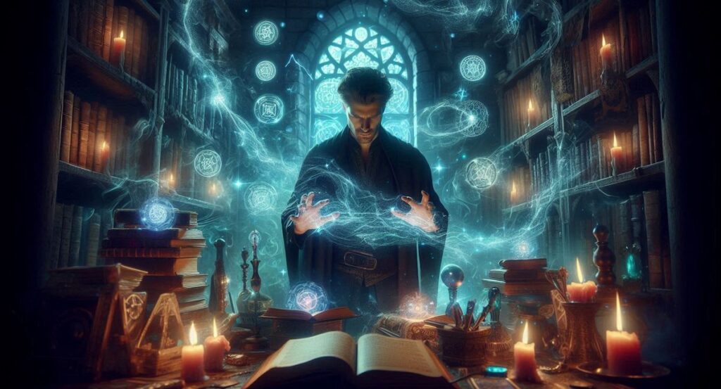Mag w pracowni w otoczeniu magii