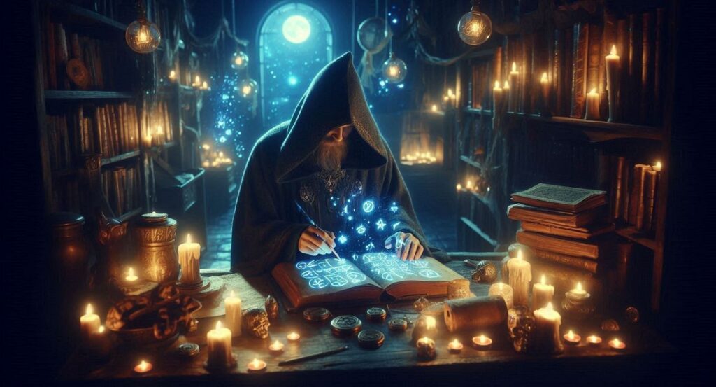 Skryba fantasy tworzący runy