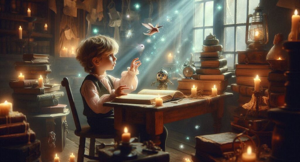 Uczące się dziecko w otoczeniu magii