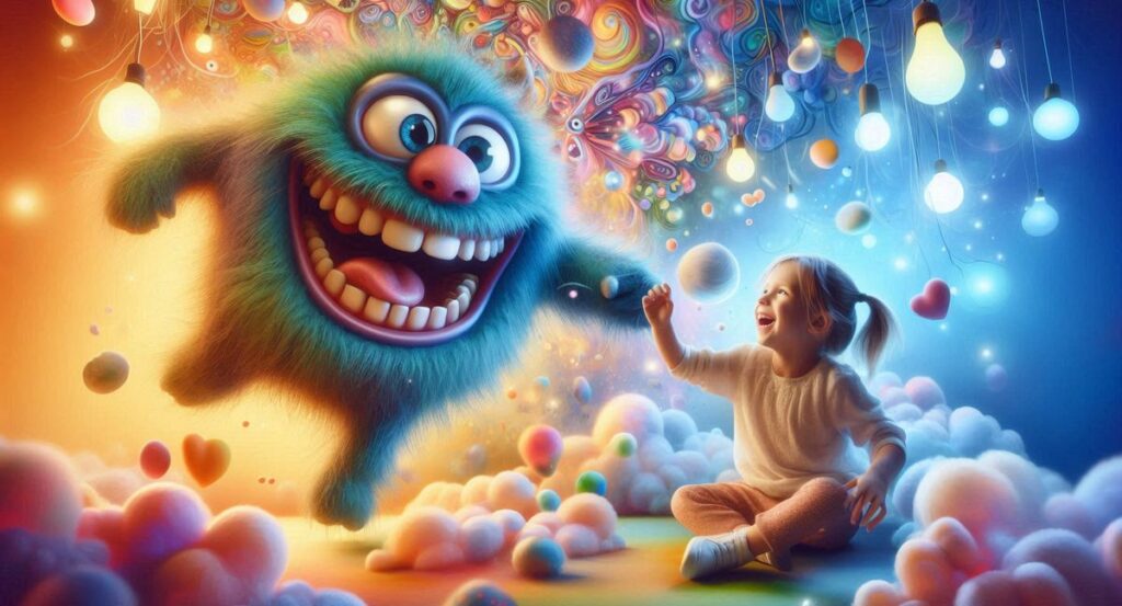 Dziewczynka bawiąca się z wesołym potworem