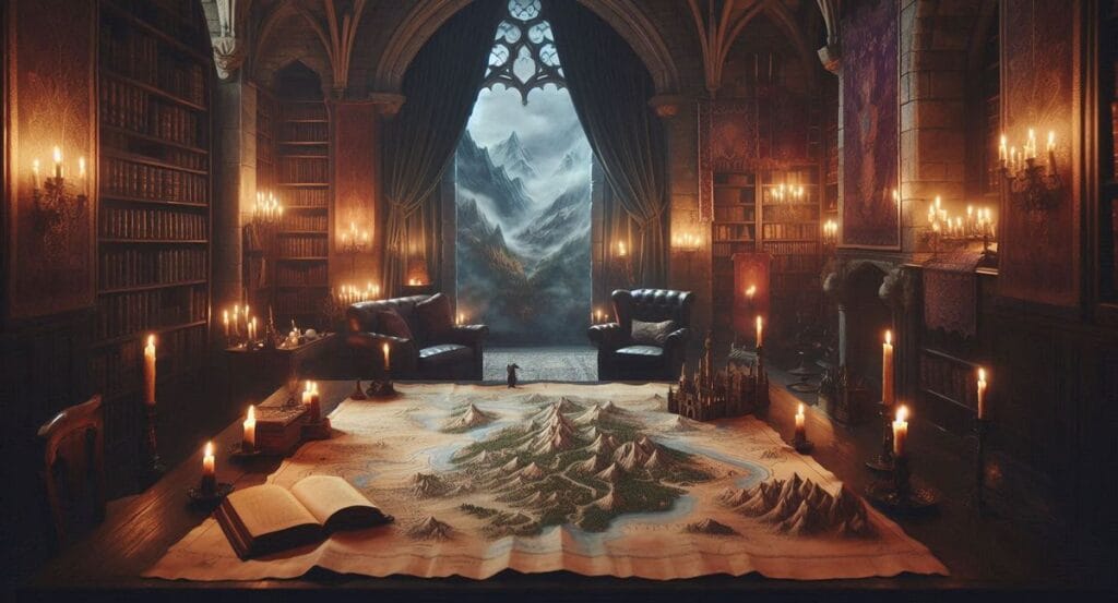 Świat fantasy i mapa w sali zamkowej