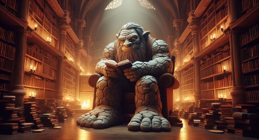 Troll czytający książkę w bibliotece