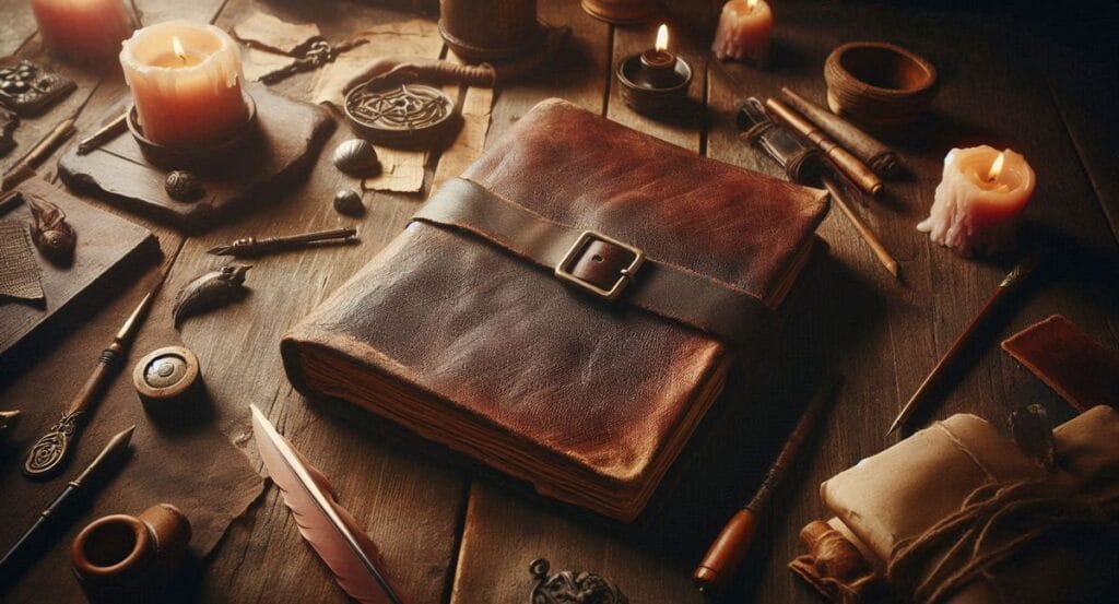 Dziennik fantasy na drewnianym biurku w otoczeniu akcesoriów