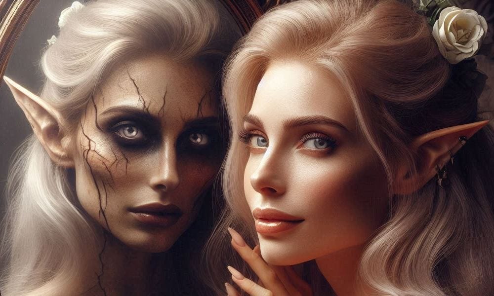 Jak unikać klisz - piękna elfka z mrocznym odbiciem w lustrze