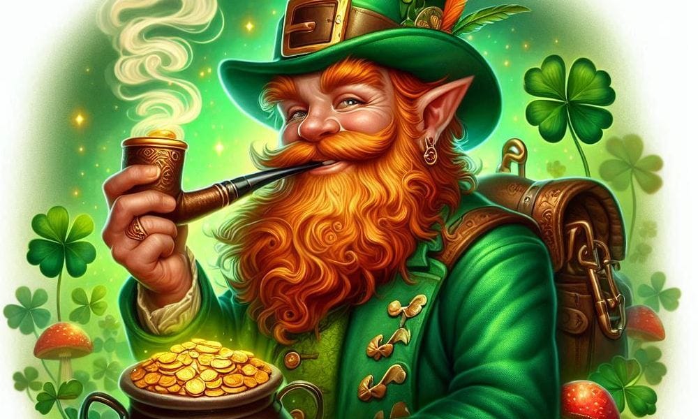 Leprechaun z fajką i złotem