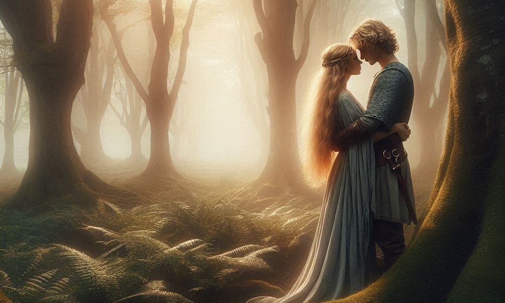 Oisin i Niamh w lesie, przytuleni do siebie