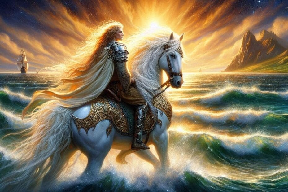 Oisin jadący przez morze na kelpie